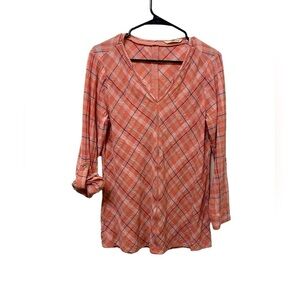 Soft surroundings 100% cotton womens roll tab sleeve plaid v-neck casual light L